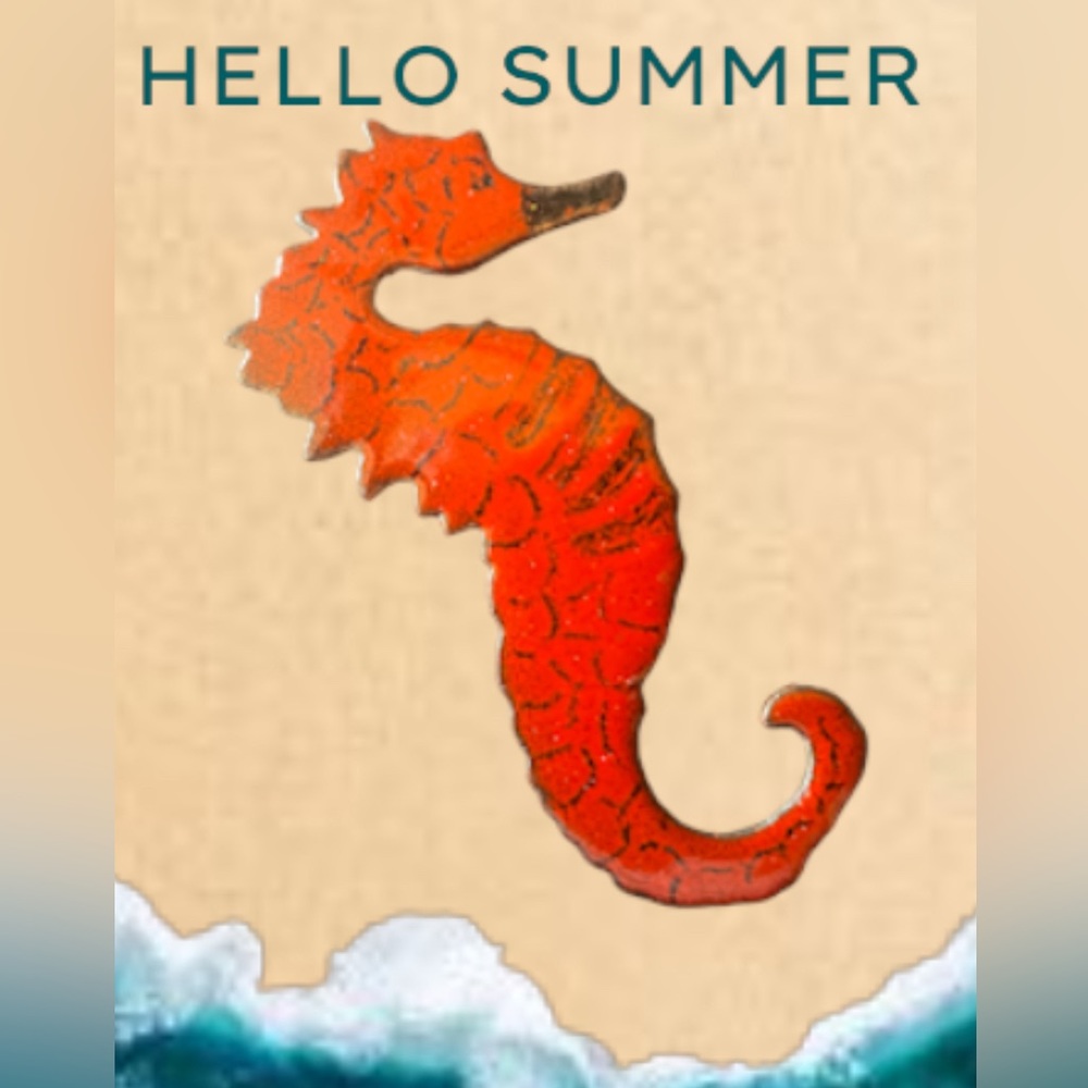 EUC. Vintage 1950s Red Enamel Seahorse Brooch. Copper. Black Details. 2 1/2”.